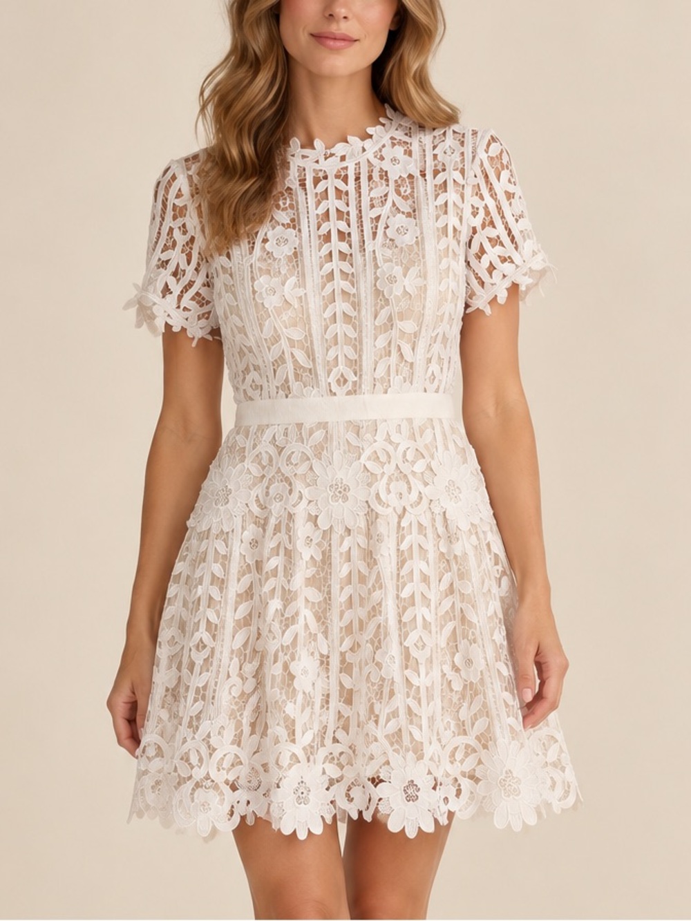 NWT SELF-PORTRAIT White Floral Lace A-Line Mini Dress (Size 6)